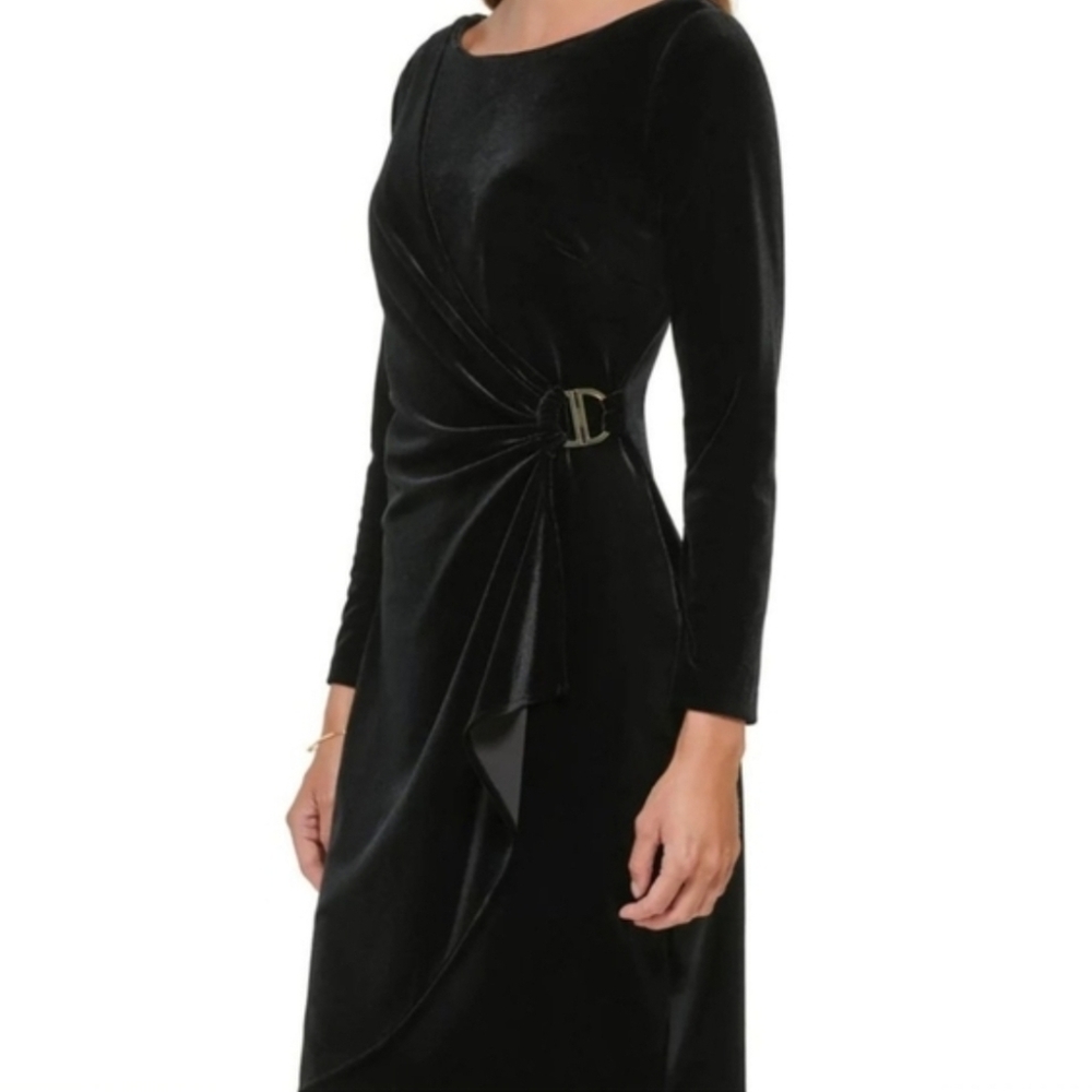 NWT DKNY Long Sleeve Ruched Bodice Faux Wrap Velvet Midi Dress: Black: 12